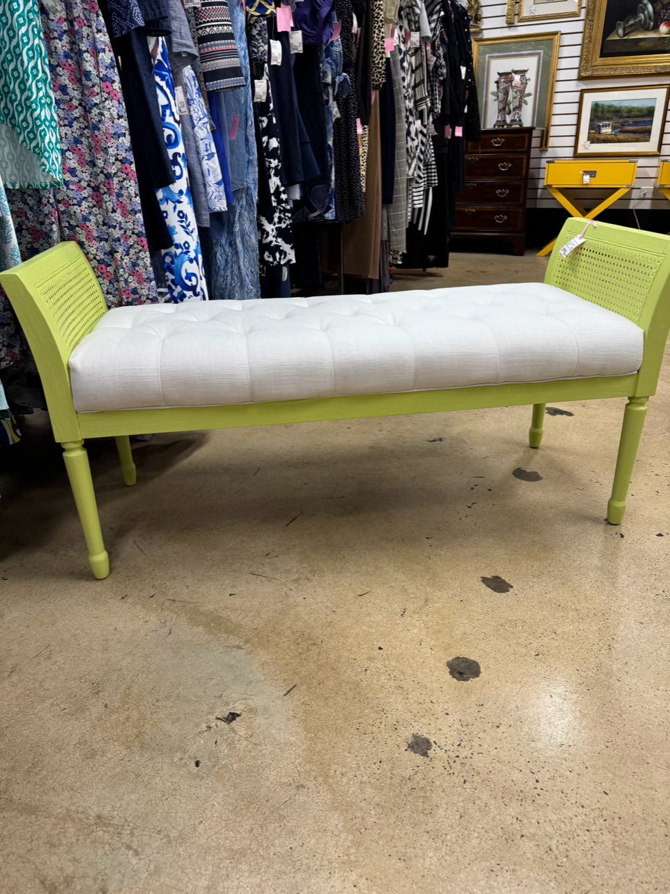 Green Painted Wood Ivory Tufted Bench