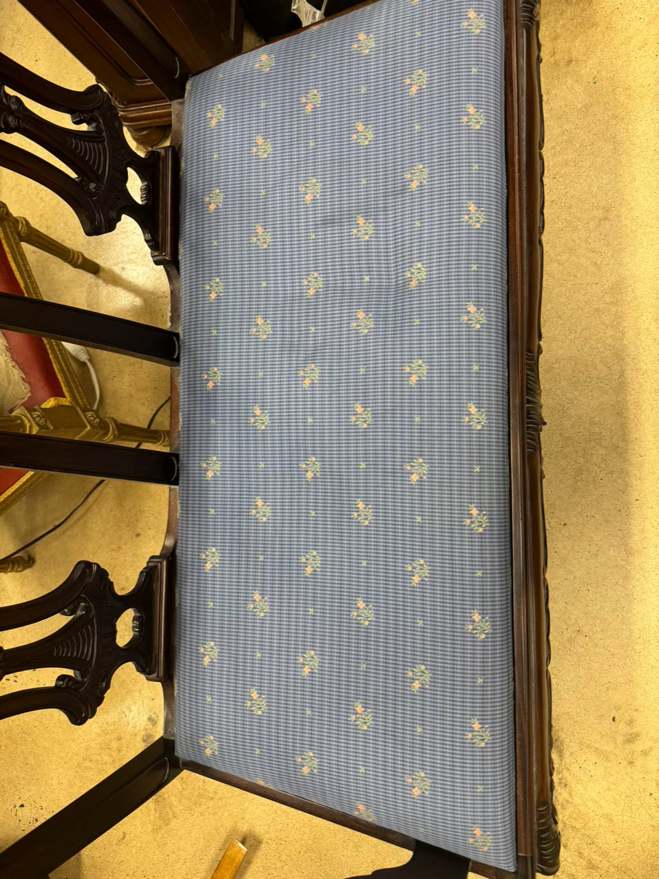 Wood Blue Upholstered 2-Seater Queen Ann Ball & Claw Feet Bench