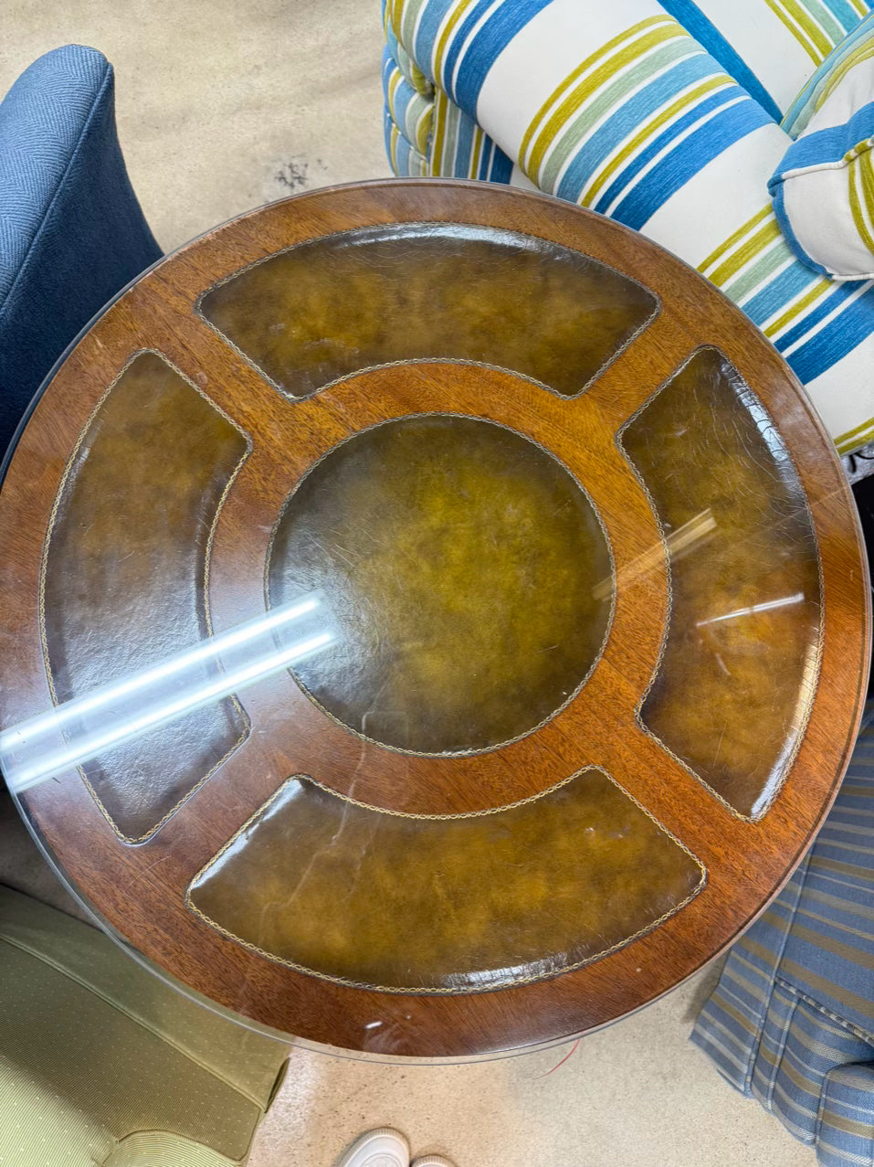 VINTAGE Wood & Leather Round Glass-top Occasional Table