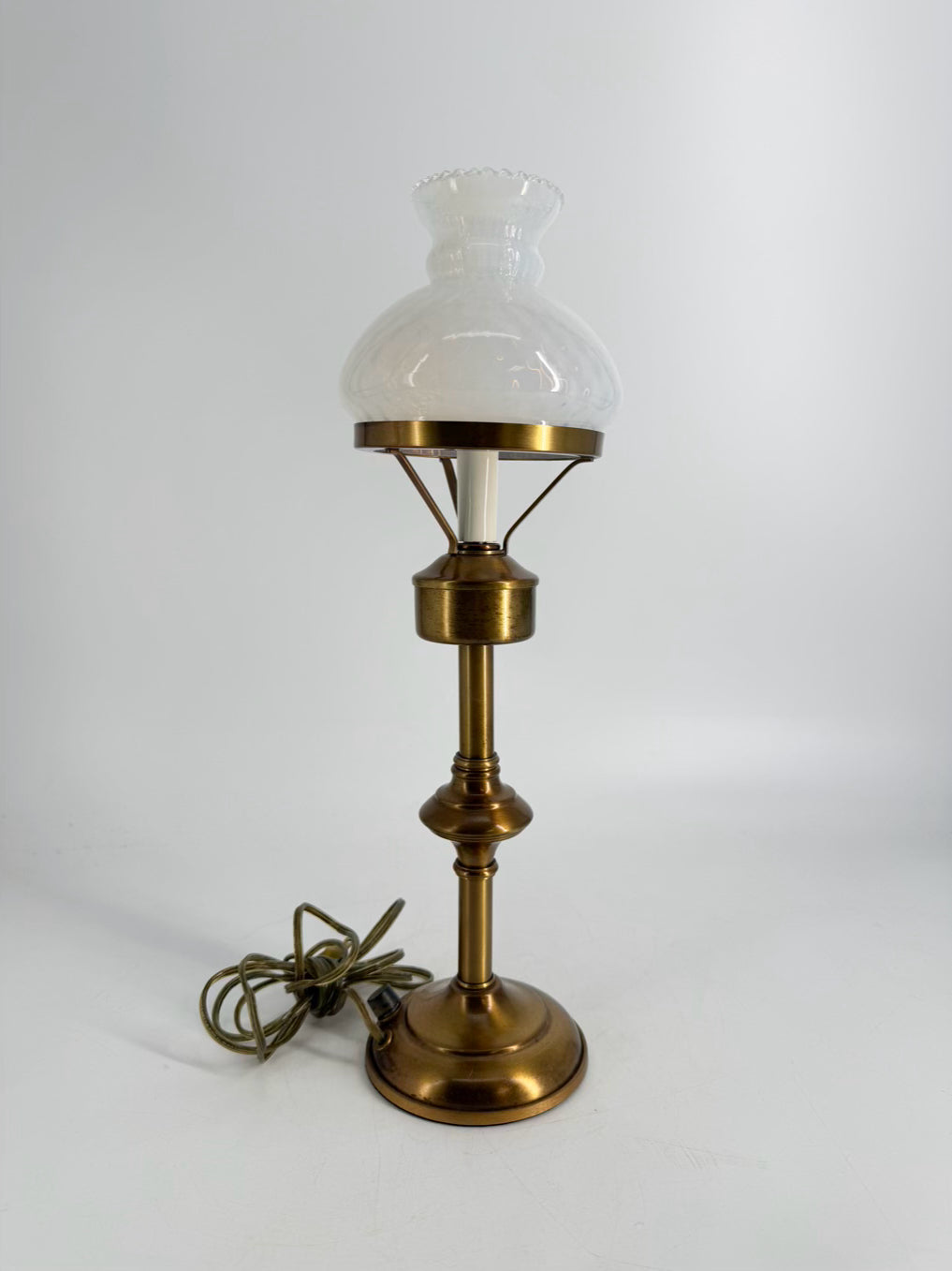 VINTAGE Mid-Century Brass Hurricane Pair Of Lamps w/ White Swirl Glass Globes