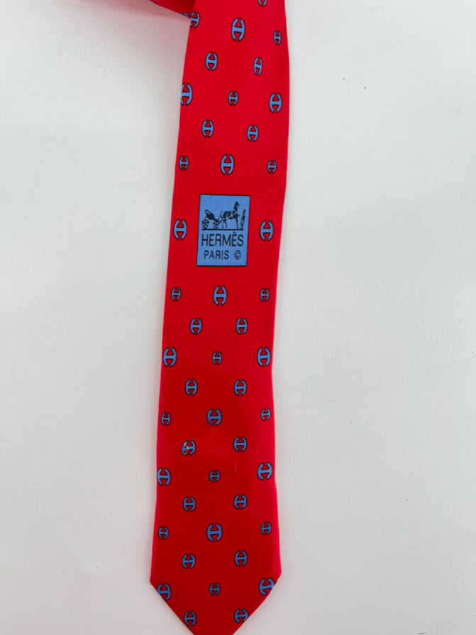HERMES Red & Blue H Logo Tie