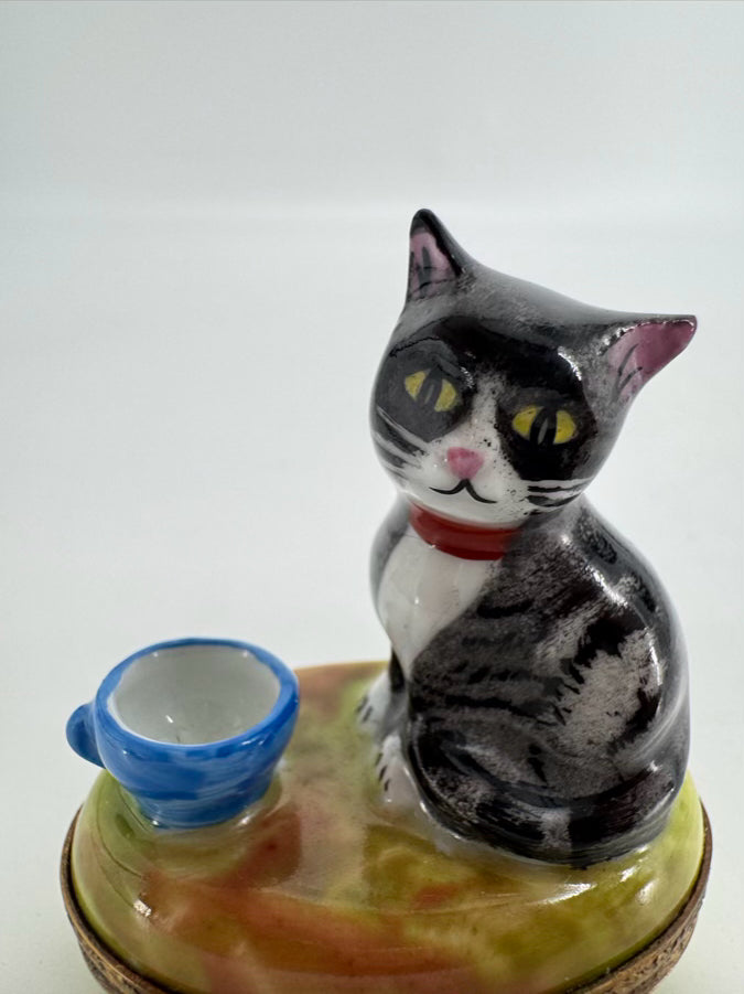 LIMOGES Black, Blue & Green Cat & Mug Ceramic Trinket Box