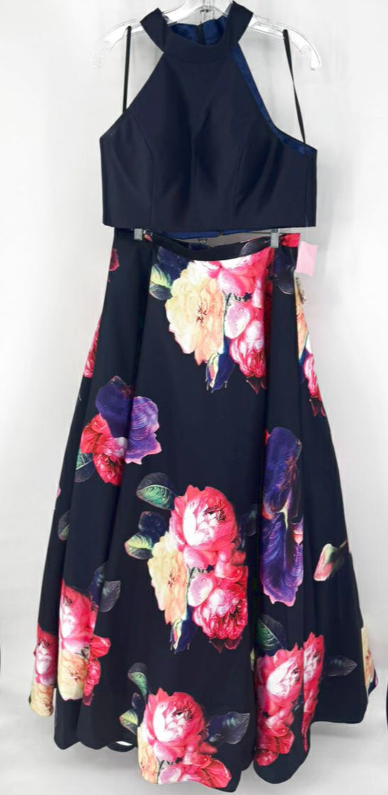 JOVANI Size 12 Navy Floral Print 2-Piece Dress