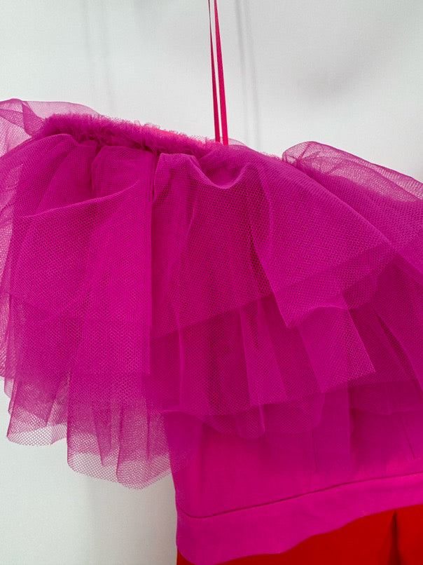 KARLIE Size L Fuchsia & Orange Tulle Off-The-Shoulder Cocktail Dress NWT
