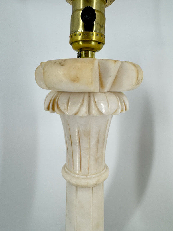 White Alabaster Neoclassical Column Pair of Lamps
