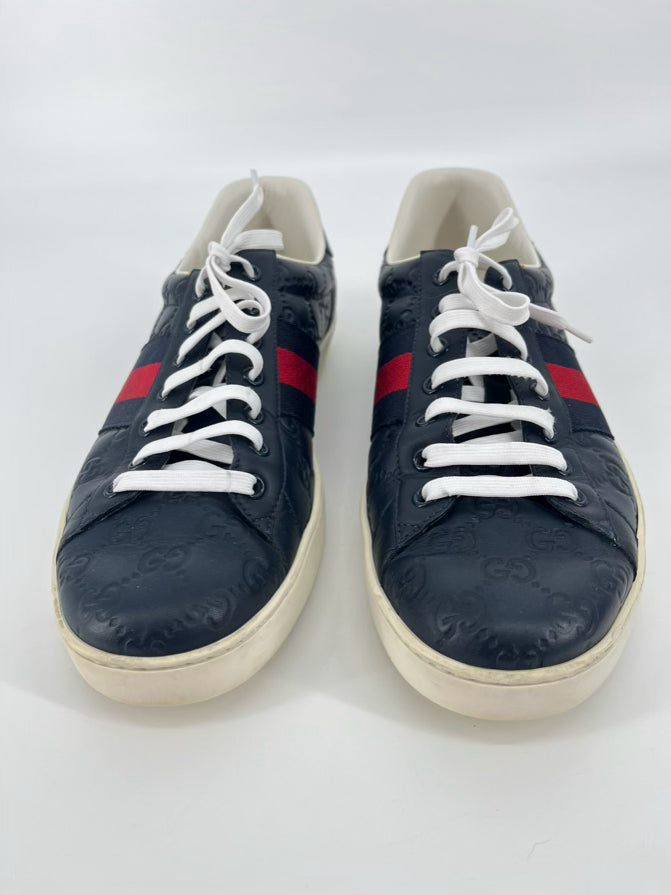 GUCCI Size 11 Navy & Red Leather Logo Ace Sneakers