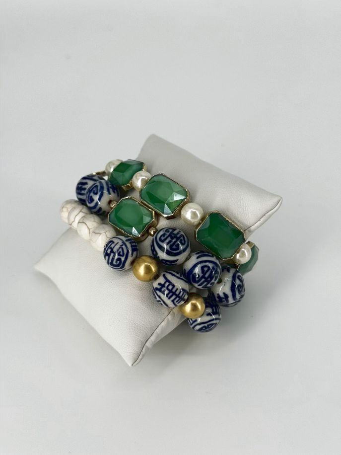 SUSAN SHAW Blue, Green, & White Set of 3 Beaded Bracelets