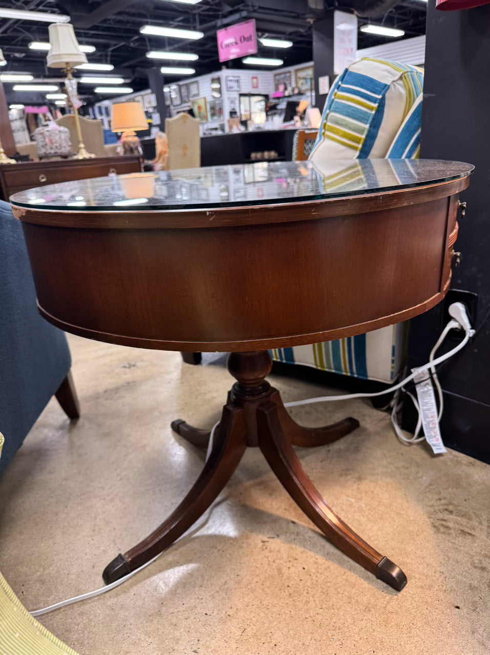 VINTAGE Wood & Leather Round Glass-top Occasional Table