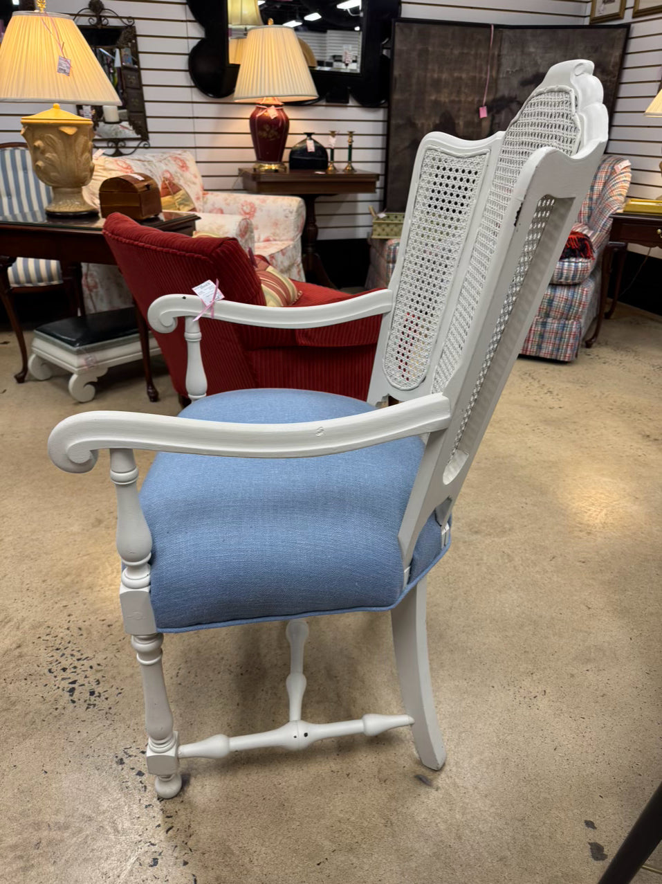 VINTAGE White Wood Blue Upholstered Cane Back Chair