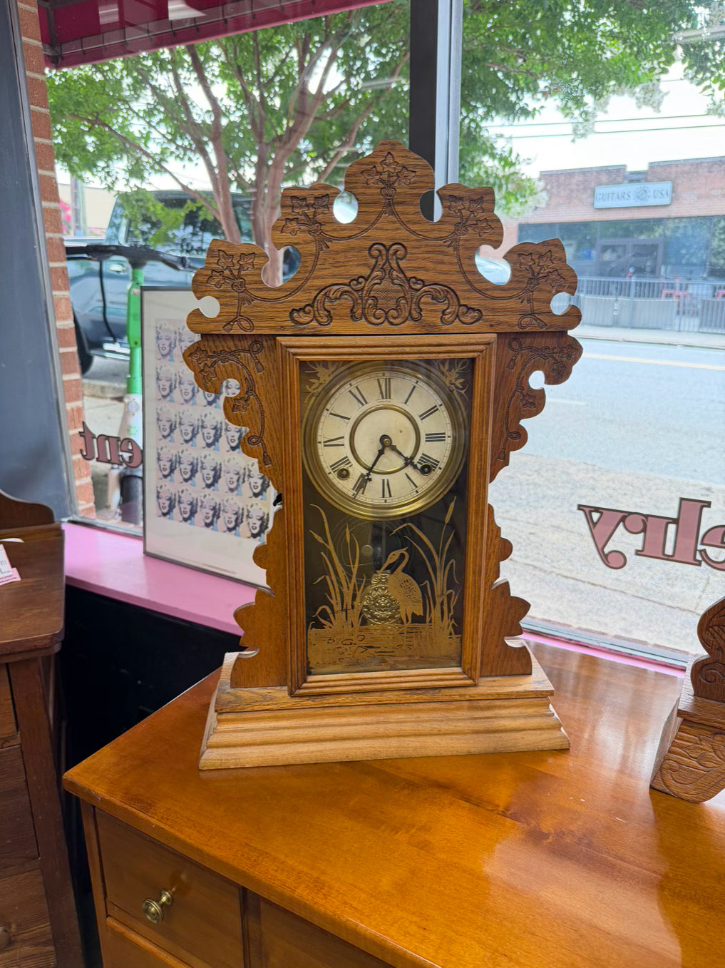 ANTIQUE Medium Oak Clock w/ Gold Bird Design