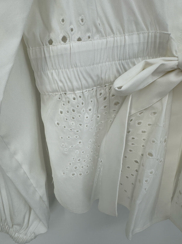 WHITE HOUSE BLACK MARKET Size L White Eyelet Tie Waist Blouse NWT