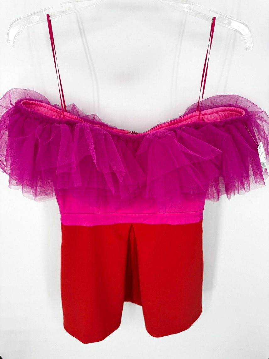 KARLIE Size L Fuchsia & Orange Tulle Off-The-Shoulder Cocktail Dress NWT
