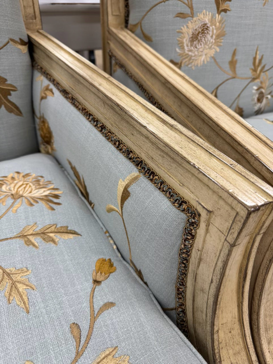 TAYLOR KING Cream & Blue Floral Upholstered French Pair of Chairs