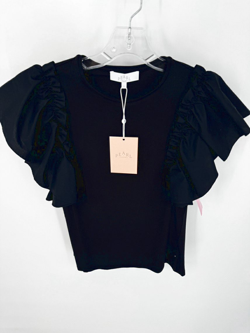 PEARL BY LELA ROSE Size S Black Jersey Poplin Flutter Sleeve Top NWT
