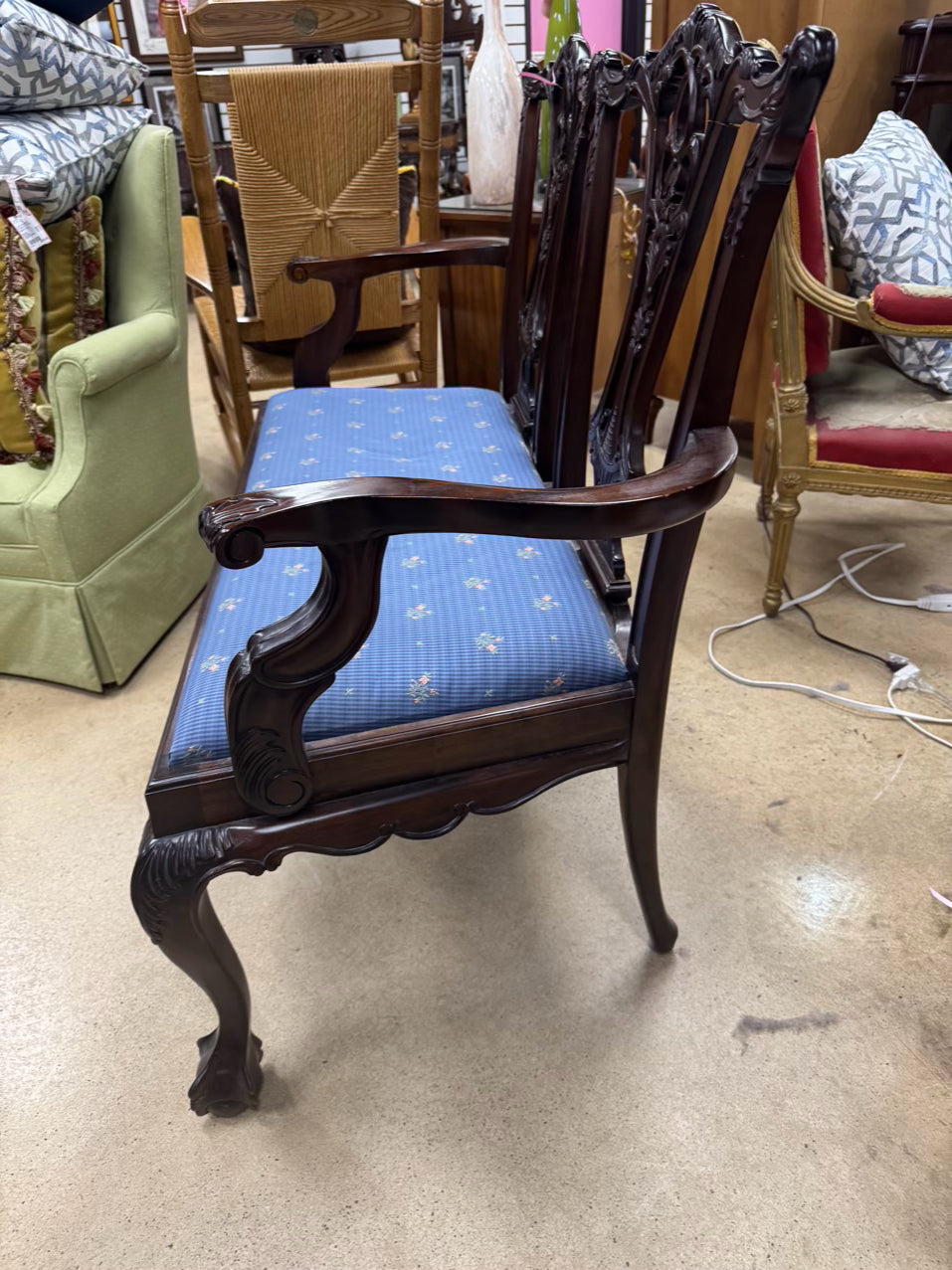 Wood Blue Upholstered 2-Seater Queen Ann Ball & Claw Feet Bench