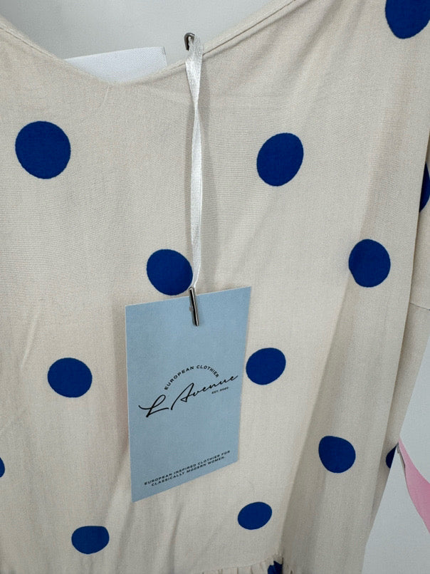 SAINT TROPEZ Size XS Taupe & Cobalt Dots Sleeveless Udelia Dress NWT