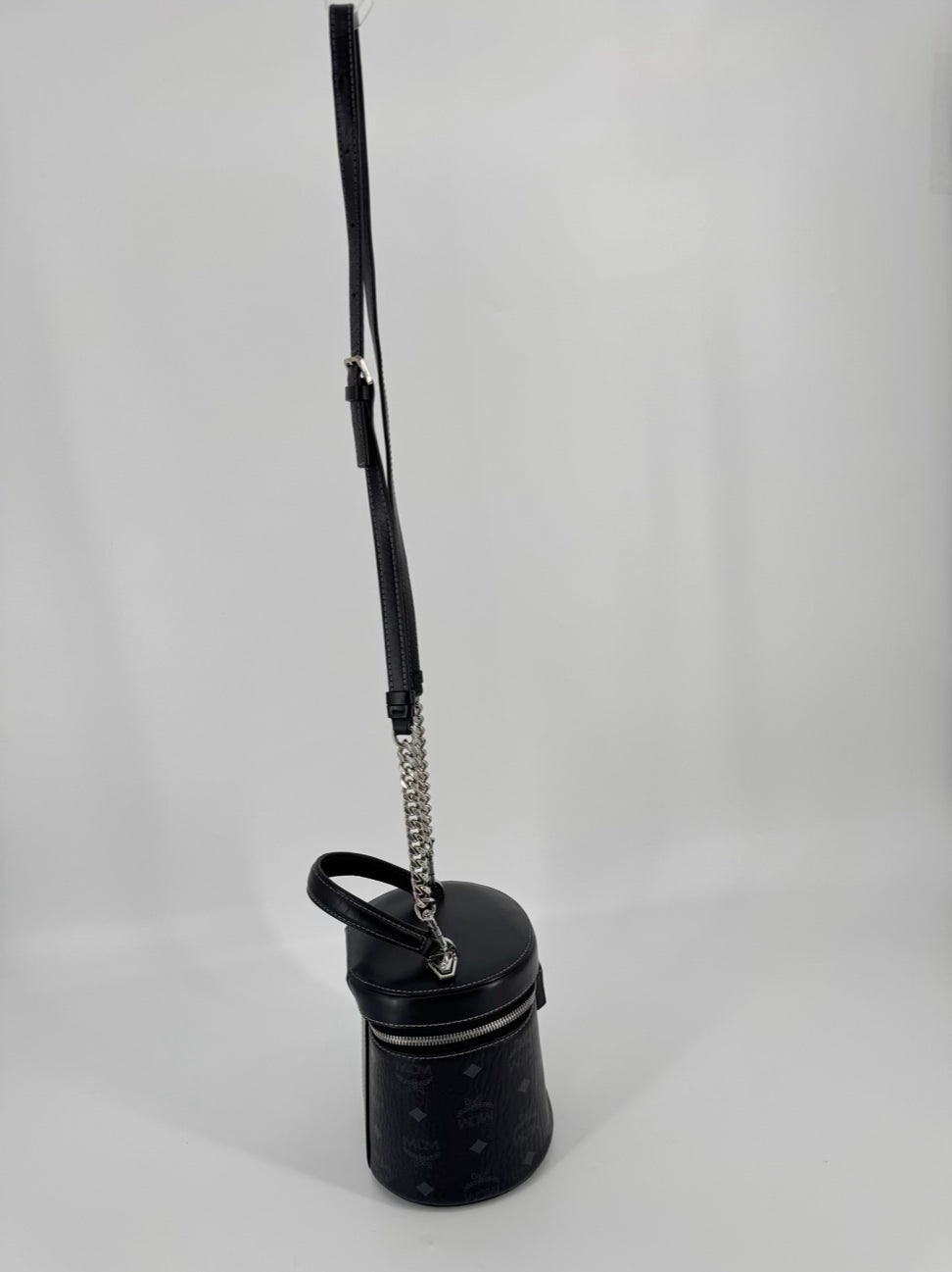 MCM Black Leather Visetos Cylinder Crossbody Bag