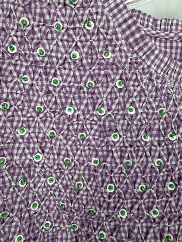 VILAGALLO Size 40 Purple & White Check Beaded Detail Katie Top NWT