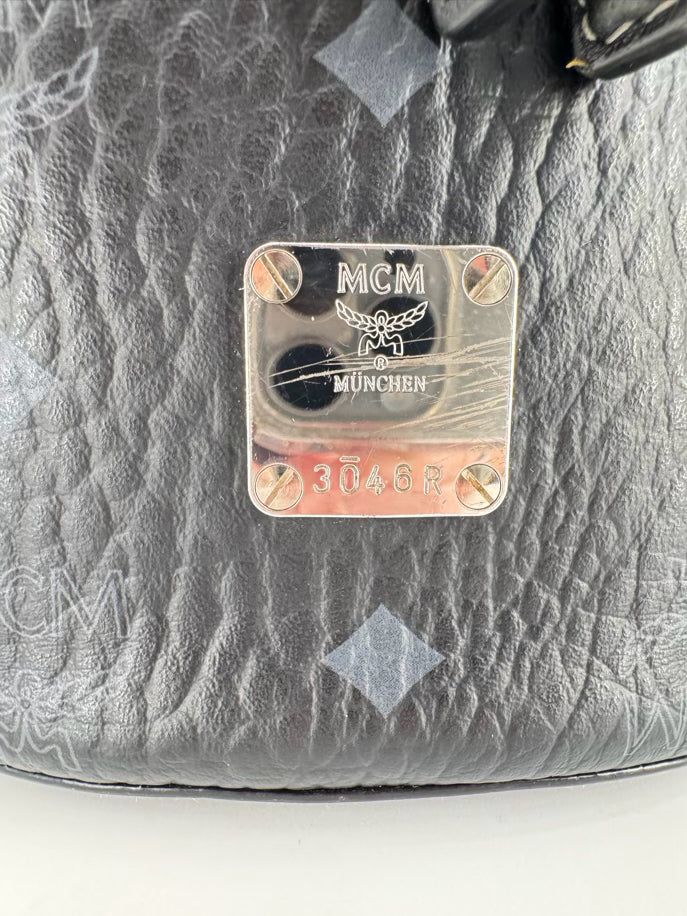 MCM Black Leather Visetos Cylinder Crossbody Bag