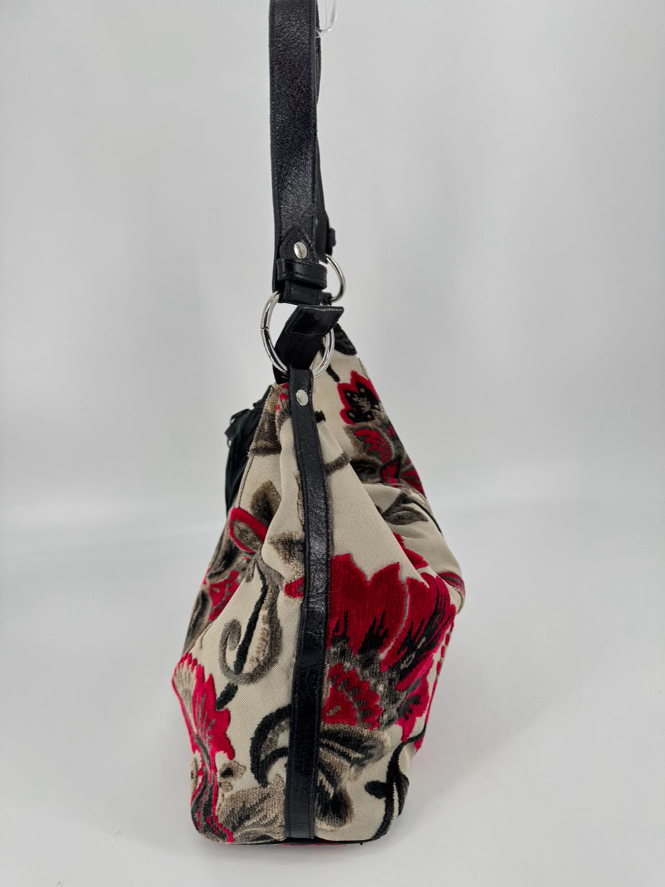 GLENDA GIES Gray & Red Velour Floral Purse