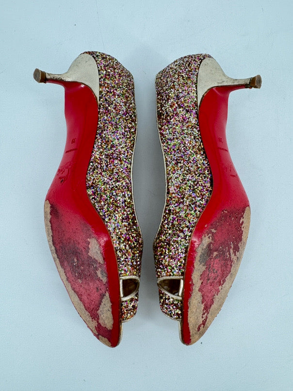 CHRISTIAN LOUBOUTIN Size 39 Multi-Color Leather Sparkle Kitten Heels