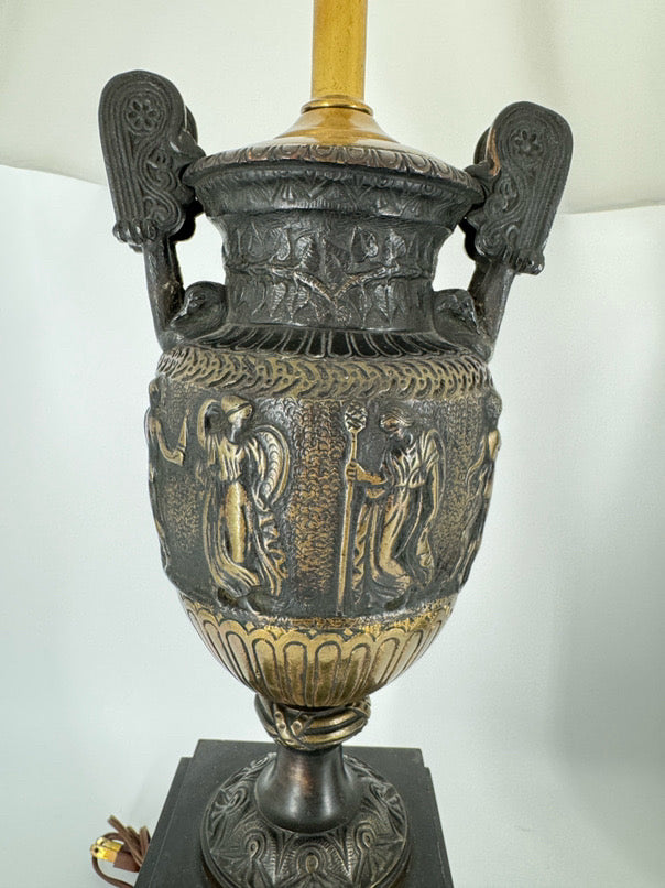 Black Neoclassical Urn Style Figural Pair of Lamps