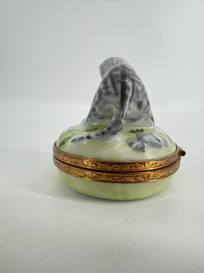 LIMOGES Green & Gray Cat & Frog Ceramic Trinket Box