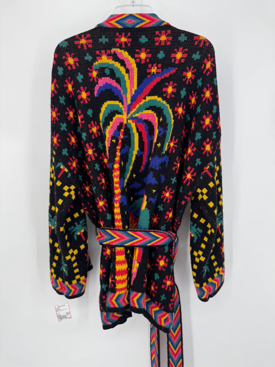 FARM RIO Size L Black & Multi-Color Knit Belted Cardigan