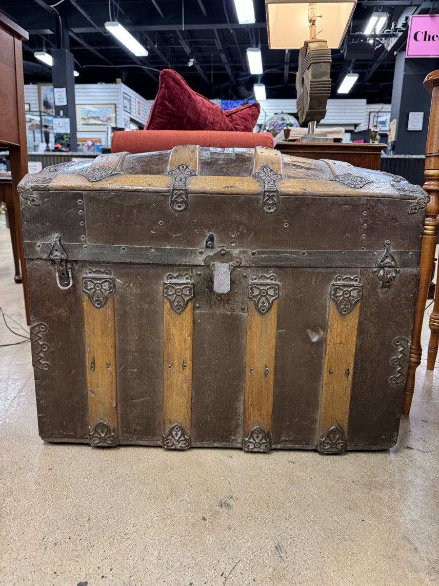 ANTIQUE Wood & Tin Rounded Top Trunk