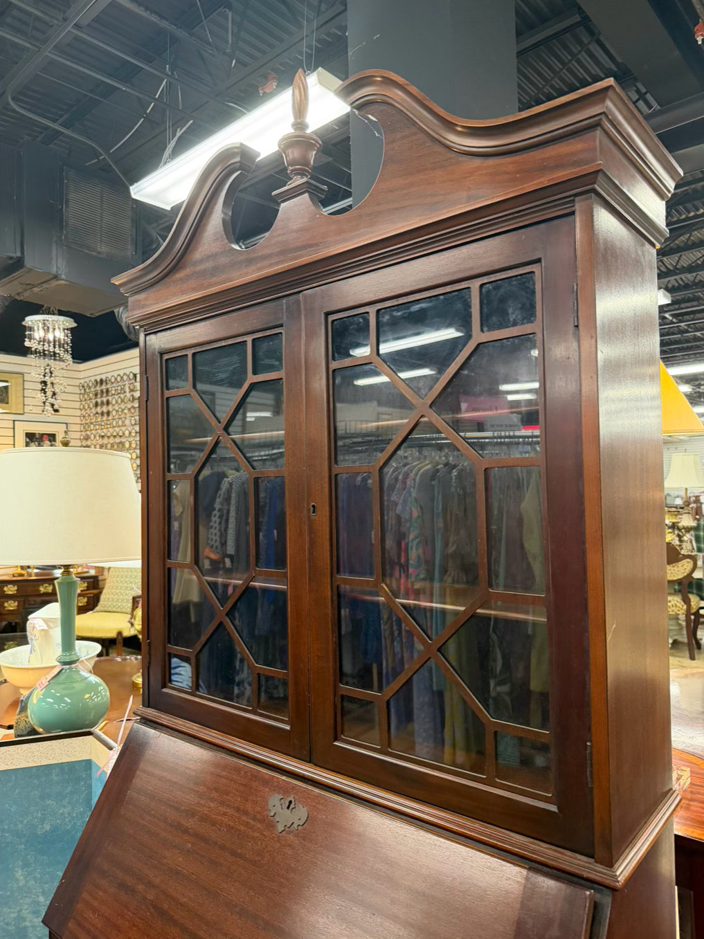 VINTAGE Dark Mahogany Secretary w/ Bookcase Top & Glass Doors