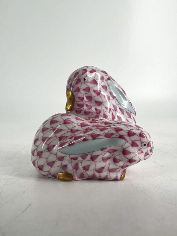 HEREND Pink & White Bunnies Cuddling Figurine