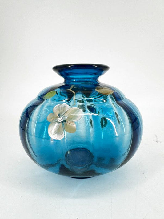 FENTON S. BRYAN Blue Glass Hand Painted Flowers Vase