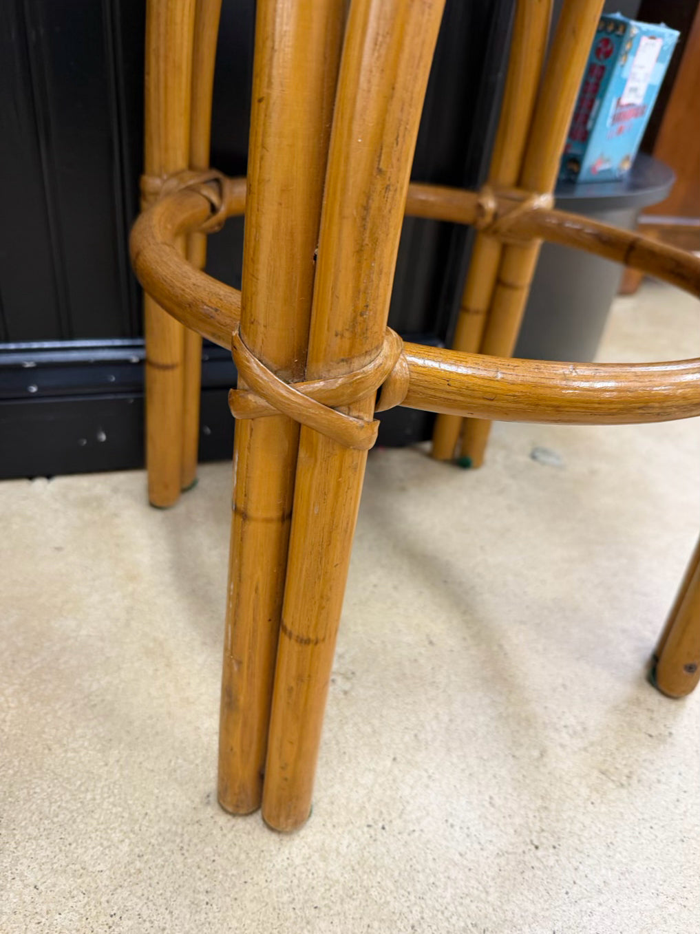VINTAGE Natural Swivel Bamboo Set Of 3 Bar Stools w/ Fabric Seats
