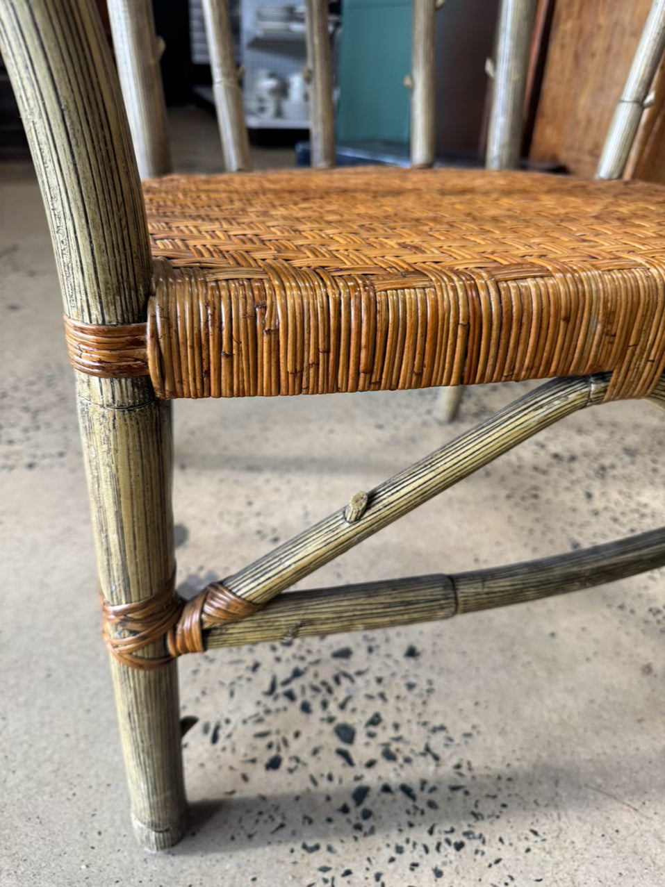 VINTAGE PALECEK Cream Bamboo Look Woven Adirondack Arm Chair