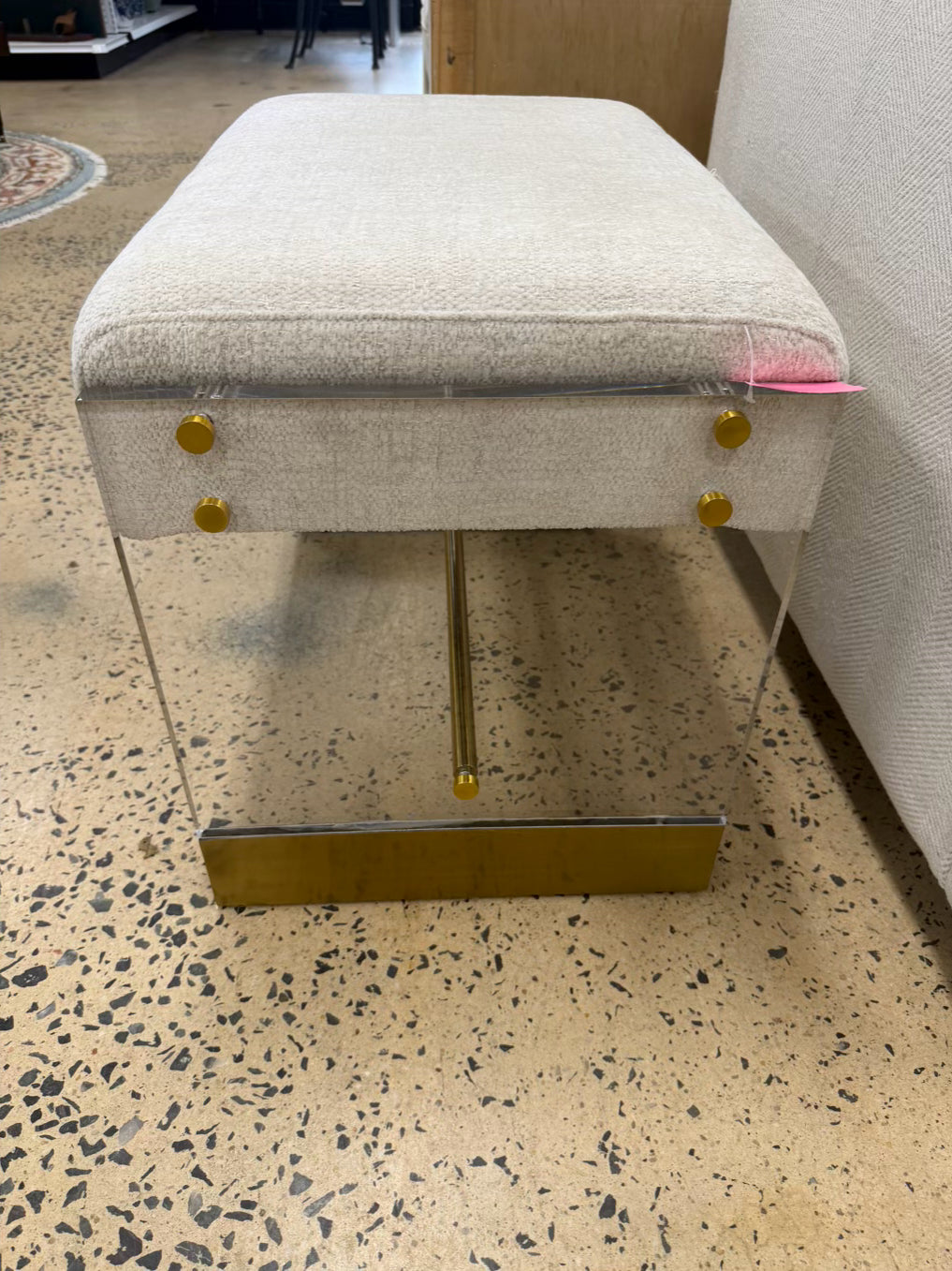 Lucite & Brass Stool w/ Cream Fabric