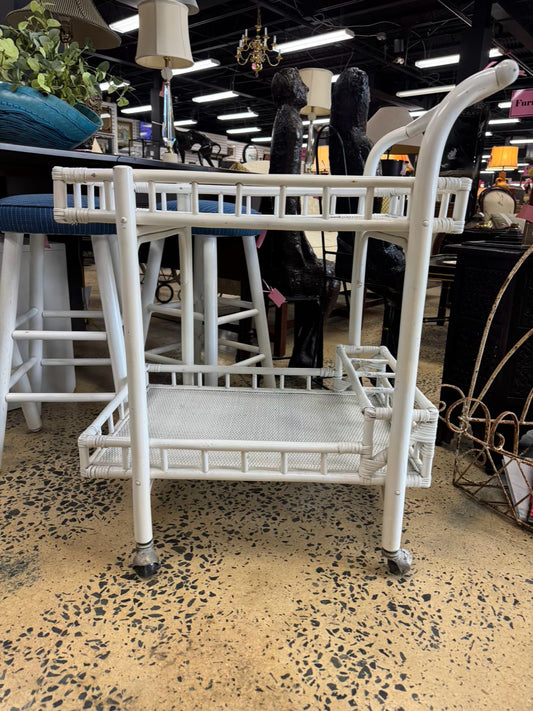 VINTAGE White Painted Bamboo Bar Cart