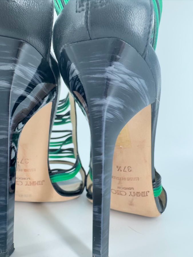 JIMMY CHOO Size 37.5 Green & Black Leather Strappy Pumps