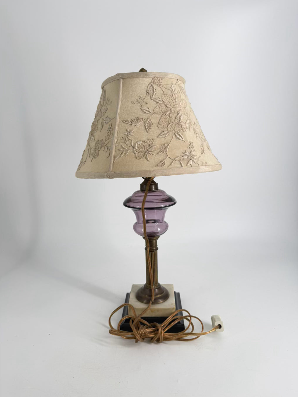 ANTIQUE Purple Glass, Brass, & Marble Lamp w/ Needlework Shade