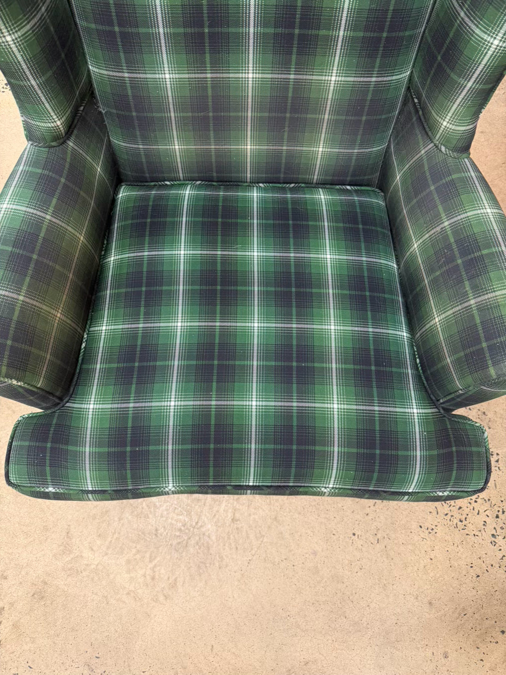 Green & White Plaid Tartan Pair Of Wing Back Chairs