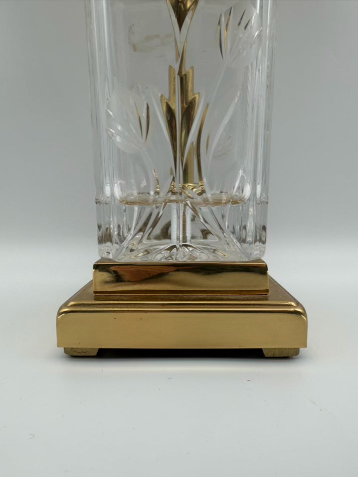 Square Clear Crystal & Brass Lamp w/ Ivory Silk Shade