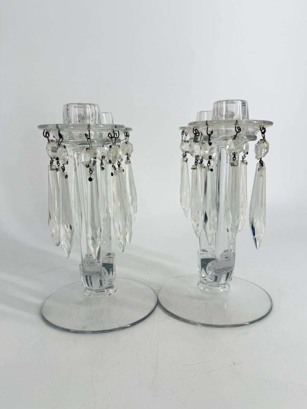 HEISEY Clear Glass Pair Of Candleholders w/ Babiches