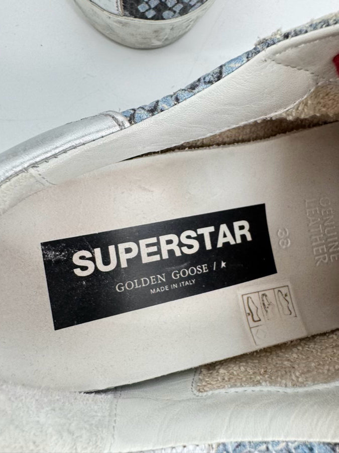 GOLDEN GOOSE Size 38 Blue, Gray & Red Leather Animal Print Sneakers