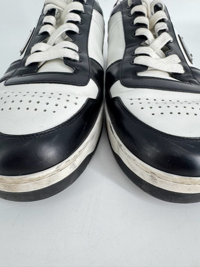 PRADA Size 11 Black & White Leather Downtown Sneakers