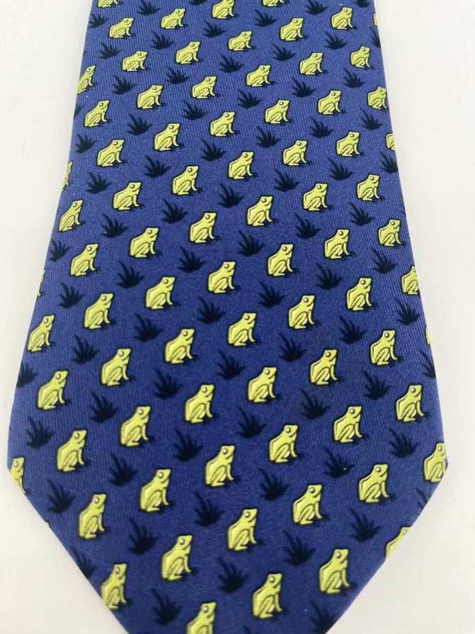 HERMES Blue & Green Frog Motif Silk Tie