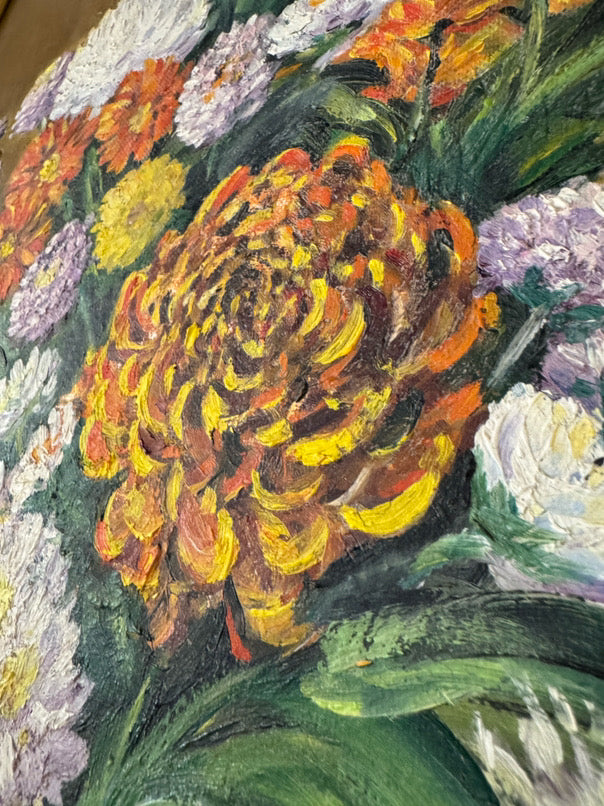 S. JOHNSON Orange & Purple Flowers in Vase Painting in Gold Frame