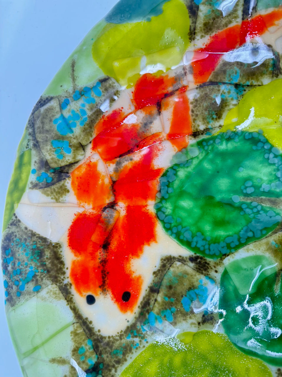 Green & Orange Art Glass Fish Large Round Shallow Bowl