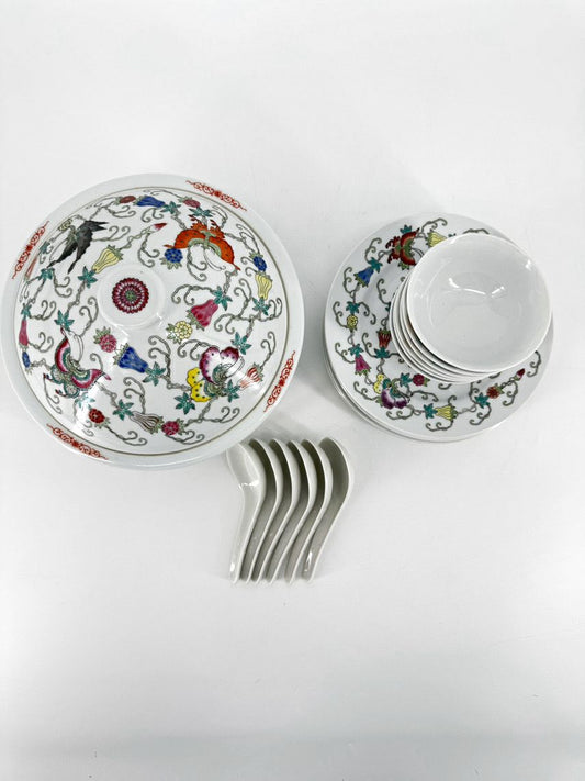 Pink & Blue Floral Soup Tureen & Setting for 6