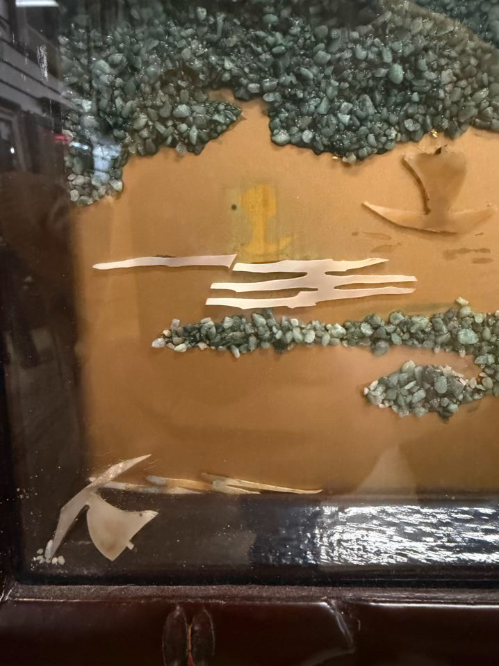 Wood Panel In Bamboo Like Frame w/ Green Inlaid Stone