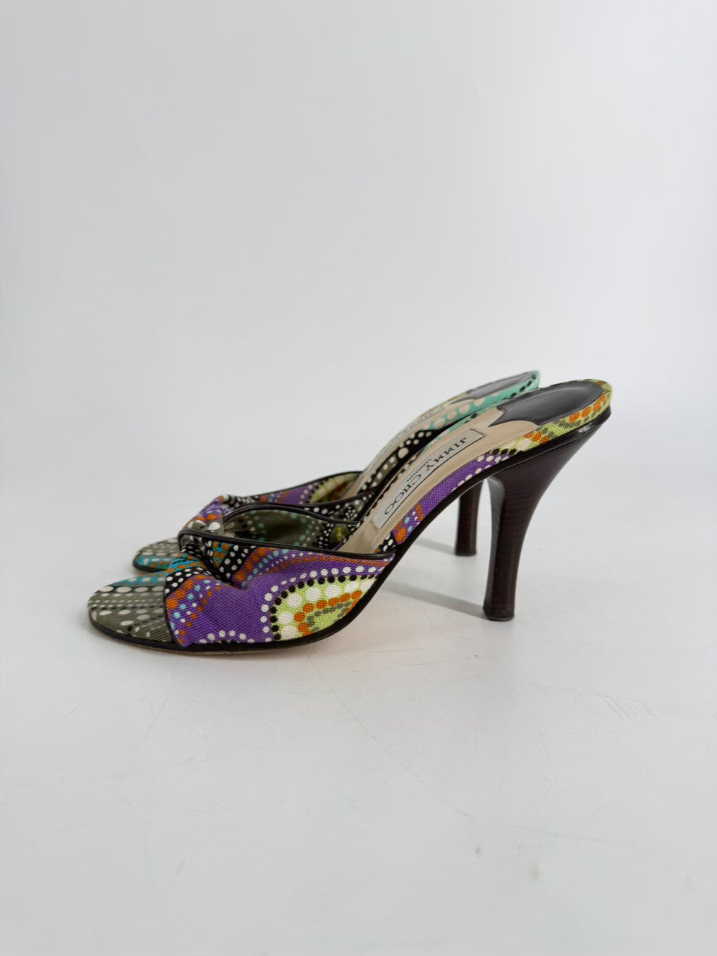 JIMMY CHOO Size 38 Purple & Green Canvas Print Heels