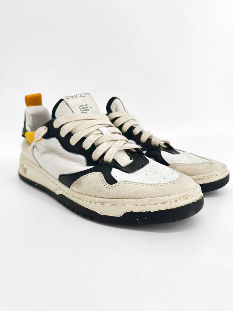 ONCEPT Size 10 White, Black & Yellow Leather Sneakers